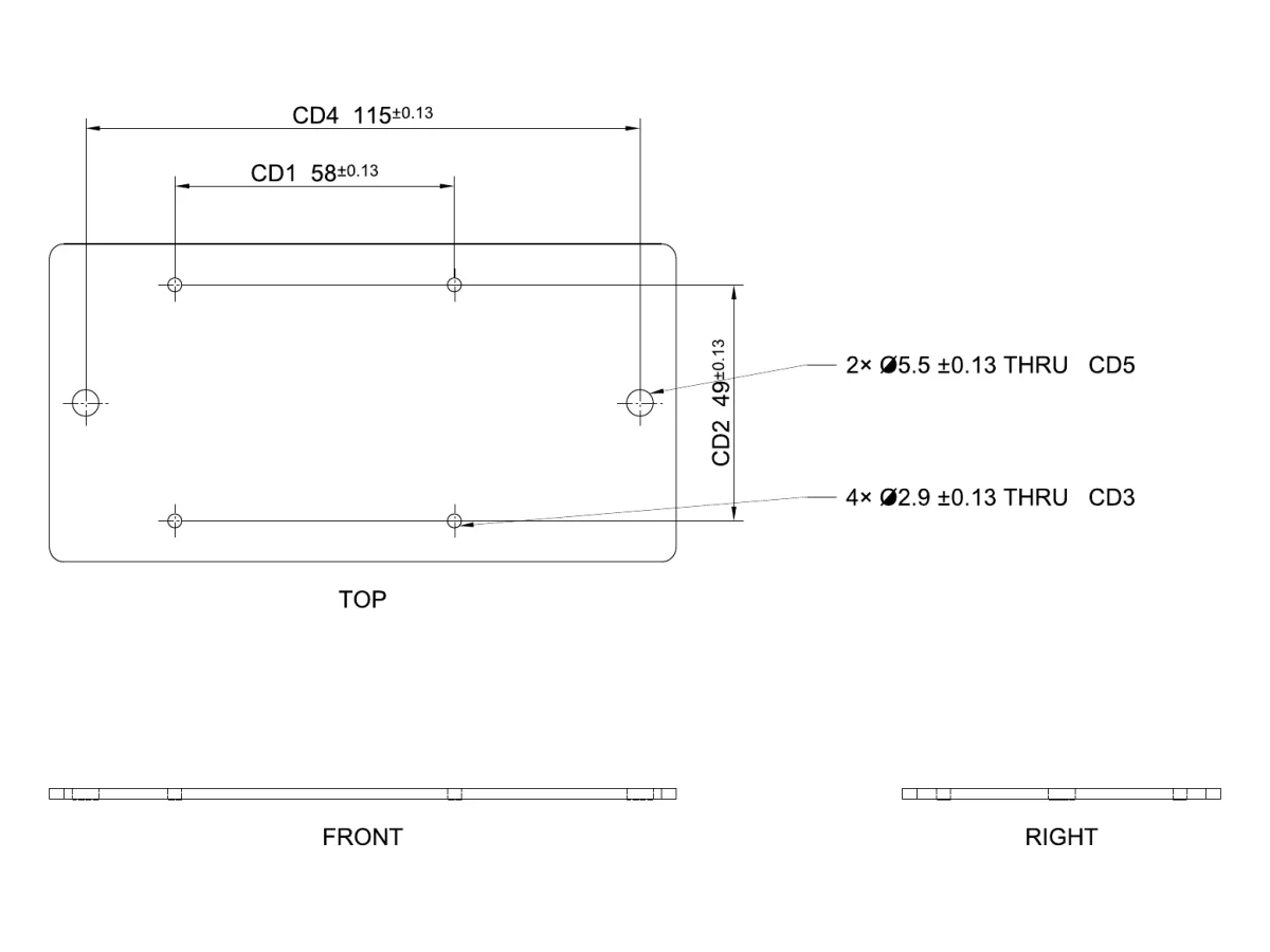 Drawing of the Raspberry Pi 5 mounting plate: top, front and right views with CD1 58 mm, CD2 49 mm and CD4 115 mm hole pitches called out.