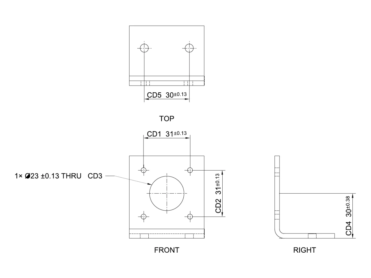 Drawing of the NEMA 17 L-bracket: top, front and right views with CD1 31 mm bolt pitch, the 23 mm pilot bore and the 30 mm motor axis height called out.